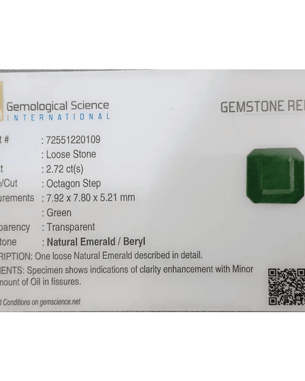 2.72ct Deep Zambian Emerald certified by GSI - SMSGEMS 
