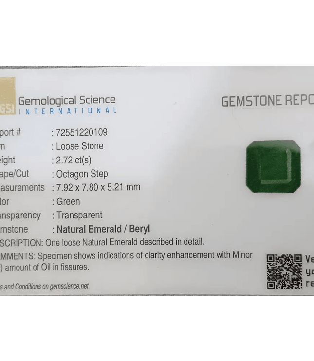2.72ct Deep Zambian Emerald certified by GSI - SMSGEMS 