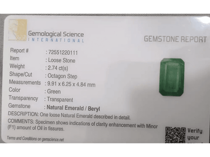 2.74ct Intense Green Emerald GSI Certified - SMSGEMS 