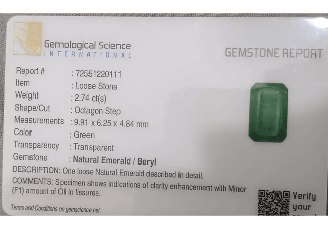 2.74ct Intense Green Emerald GSI Certified - SMSGEMS 