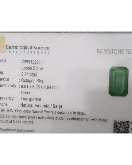 2.74ct Intense Green Emerald GSI Certified - SMSGEMS 