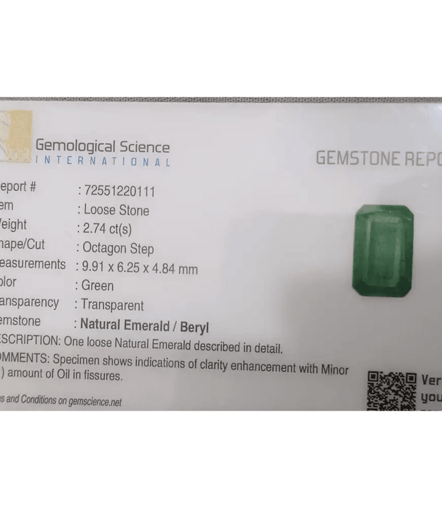 2.74ct Intense Green Emerald GSI Certified - SMSGEMS 