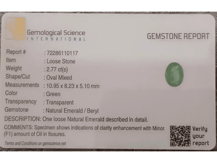 GSI Certified 2.77ct Zambian Emerald, Natural Gem - SMSGEMS 