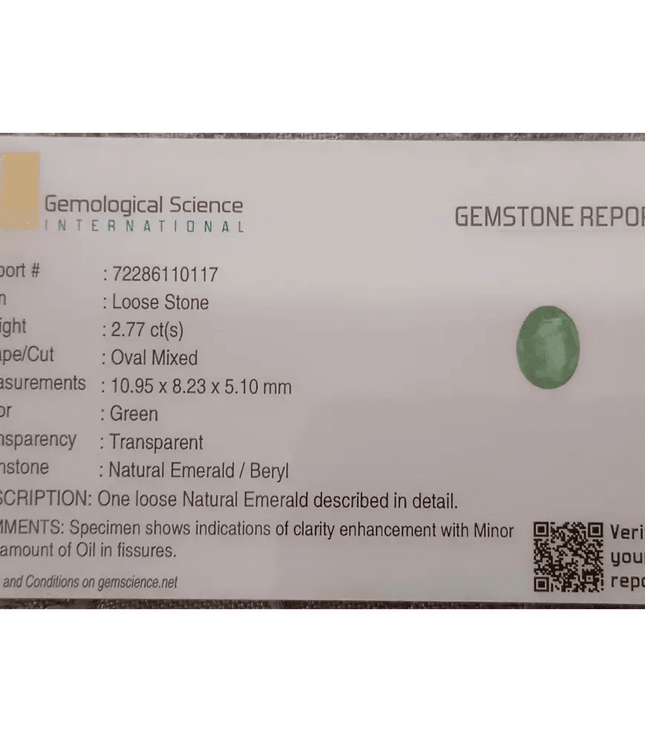 GSI Certified 2.77ct Zambian Emerald, Natural Gem - SMSGEMS 