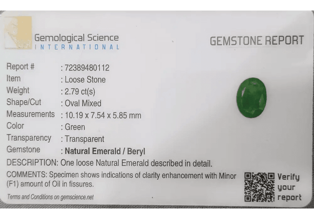 2.79ct Zambian Emerald GSI Certified Natural Gemstone - SMSGEMS 