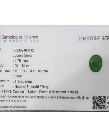 2.79ct Zambian Emerald GSI Certified Natural Gemstone - SMSGEMS 