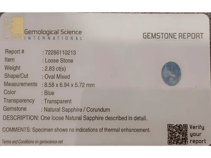 GSI Certified 2.83ct Blue Ceylon Sapphire , Natural Untreated Earth Mined Gemstone - SMSGEMS 