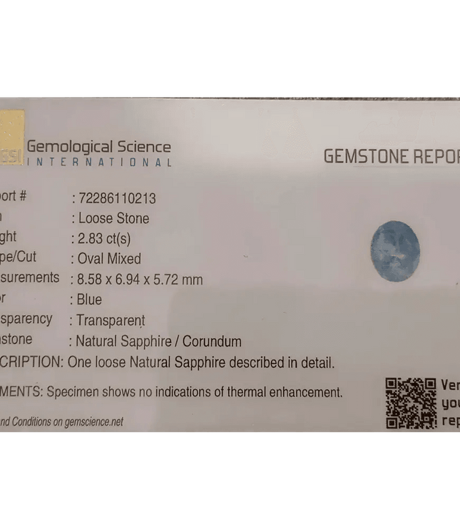 GSI Certified 2.83ct Blue Ceylon Sapphire , Natural Untreated Earth Mined Gemstone - SMSGEMS 
