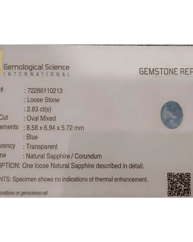 GSI Certified 2.83ct Blue Ceylon Sapphire , Natural Untreated Earth Mined Gemstone - SMSGEMS 
