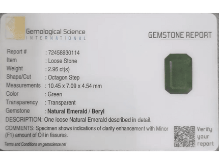 GSI Certified 2.96ct Deep Leaf Green Emerald, 100% Natural Gemstones - SMSGEMS 