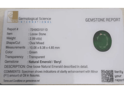 GSI Certified 2.99ct Zambian Emerald, 100% Natural Gemstone - SMSGEMS 