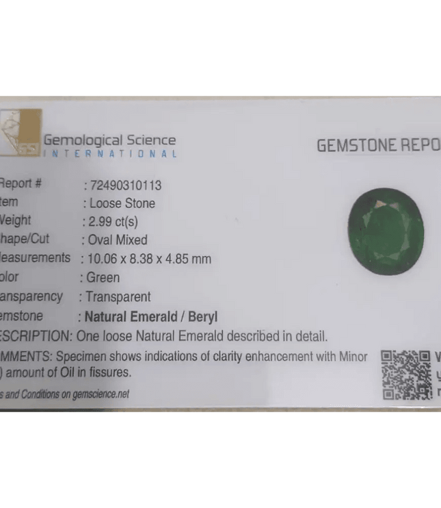 GSI Certified 2.99ct Zambian Emerald, 100% Natural Gemstone - SMSGEMS 