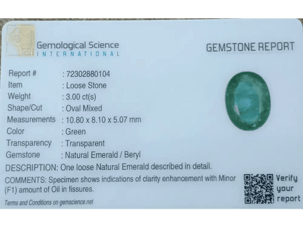 GSI Certified 3.00ct Zambian Emerald, 100% Natural Gemstone - SMSGEMS 