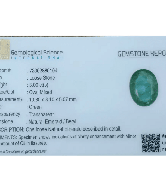 GSI Certified 3.00ct Zambian Emerald, 100% Natural Gemstone - SMSGEMS 