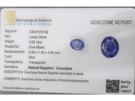 GSI Certified 3.02ct Blue Ceylon Sapphire, Natural Gemstone - SMSGEMS 