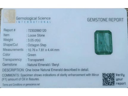 GSI Certified 3.05ct Zambian Emerald, 100% Natural Gemstone - SMSGEMS 