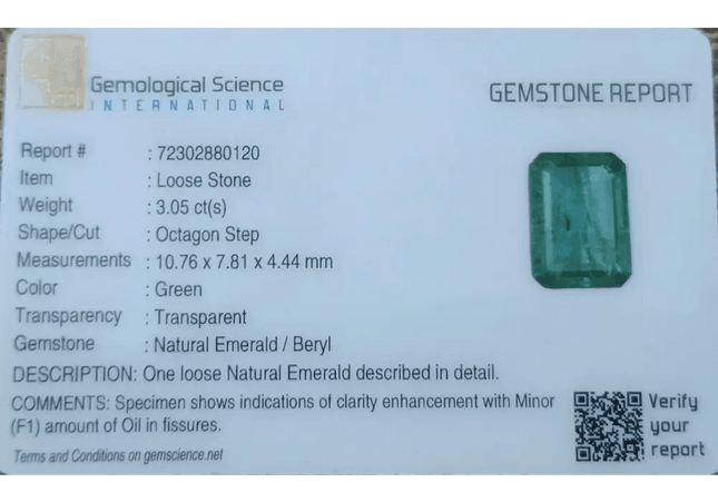 GSI Certified 3.05ct Zambian Emerald, 100% Natural Gemstone - SMSGEMS 