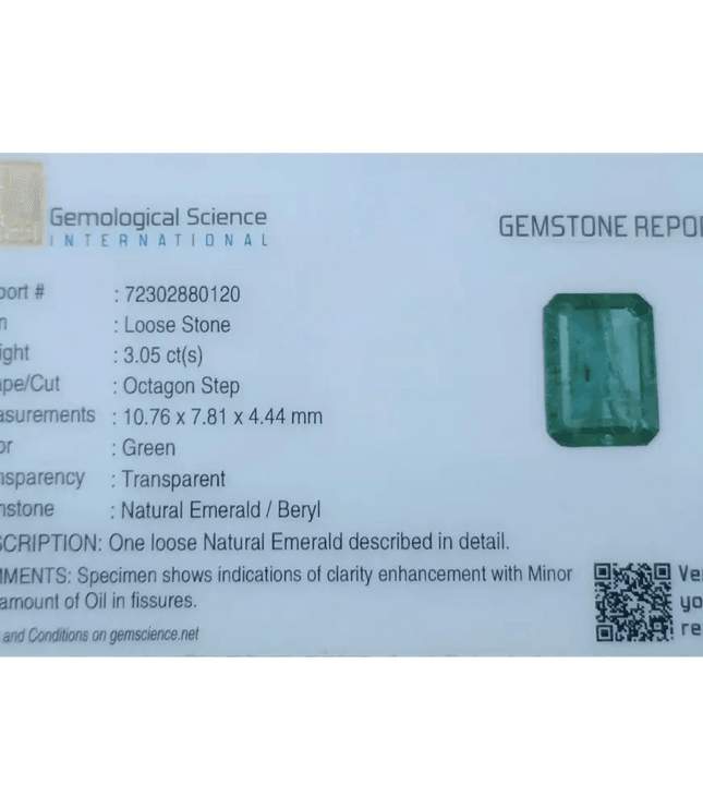GSI Certified 3.05ct Zambian Emerald, 100% Natural Gemstone - SMSGEMS 