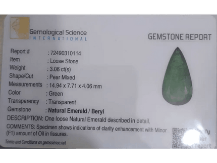 GSI Certified 3.06ct Velvet Green Emerald, Natural Earth mined Gemstone - SMSGEMS 