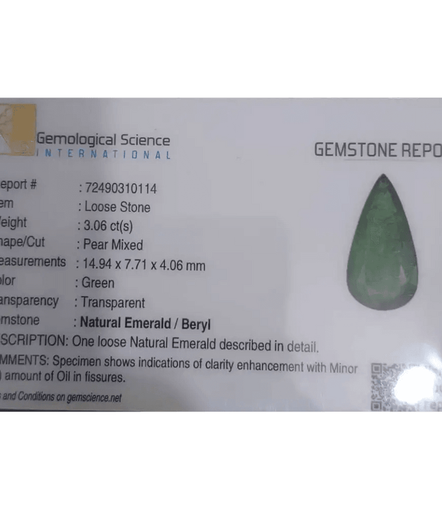 GSI Certified 3.06ct Velvet Green Emerald, Natural Earth mined Gemstone - SMSGEMS 