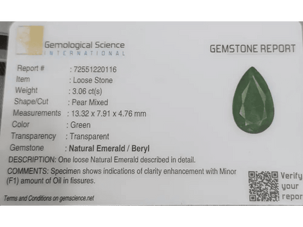 GSI Certified 3.06ct Velvet Green Emerald Natural Earth Mined Gemstone - SMSGEMS 