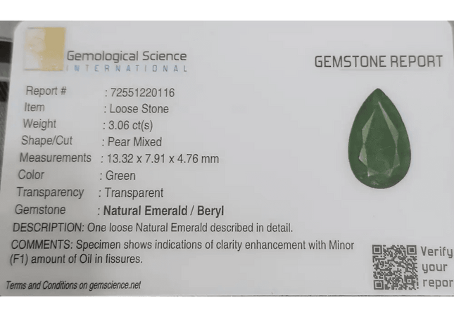 GSI Certified 3.06ct Velvet Green Emerald Natural Earth Mined Gemstone - SMSGEMS 