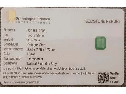 GSI Certified 3.09ct Ethiopian Emerald, 100% Natural Gemstone - SMSGEMS 