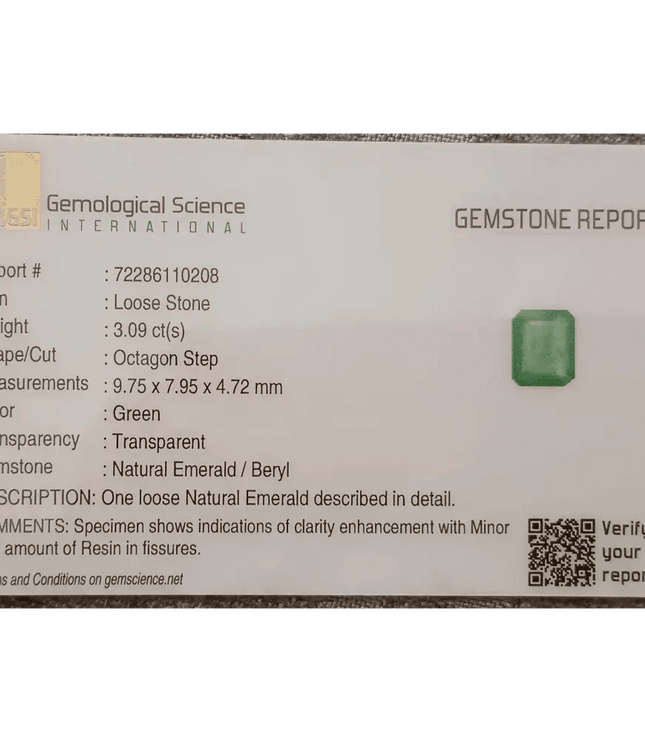 GSI Certified 3.09ct Ethiopian Emerald, 100% Natural Gemstone - SMSGEMS 