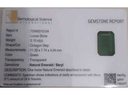 GSI Certified 3.10ct Velvet Green Emerald, 100% Natural Gemstone - SMSGEMS 