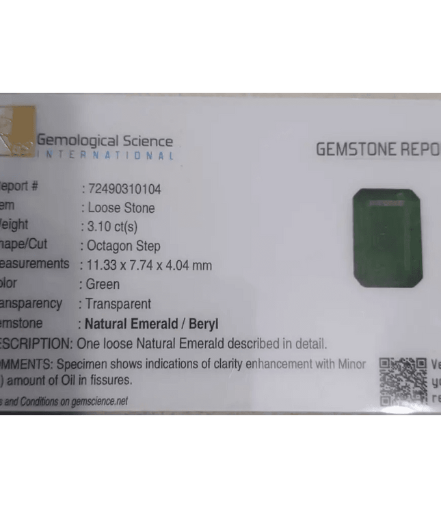GSI Certified 3.10ct Velvet Green Emerald, 100% Natural Gemstone - SMSGEMS 