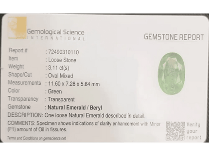 GSI Certified 3.11ct Pastel Green Emerald, 100% Natural Gemstone - SMSGEMS 