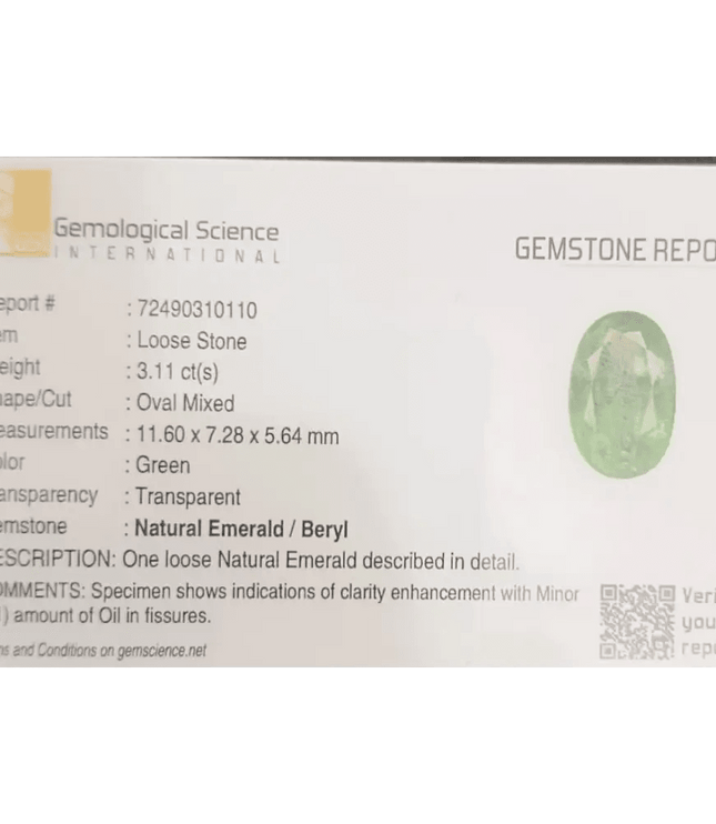 GSI Certified 3.11ct Pastel Green Emerald, 100% Natural Gemstone - SMSGEMS 
