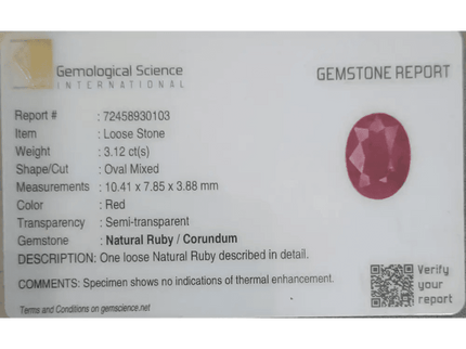 3.12ct Mozambique Ruby Natural Untreated Gemstone GSI Certified - SMSGEMS 