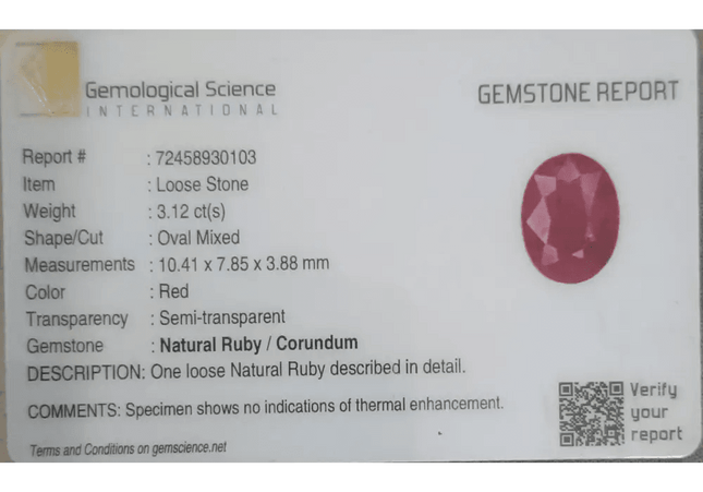 3.12ct Mozambique Ruby Natural Untreated Gemstone GSI Certified - SMSGEMS 
