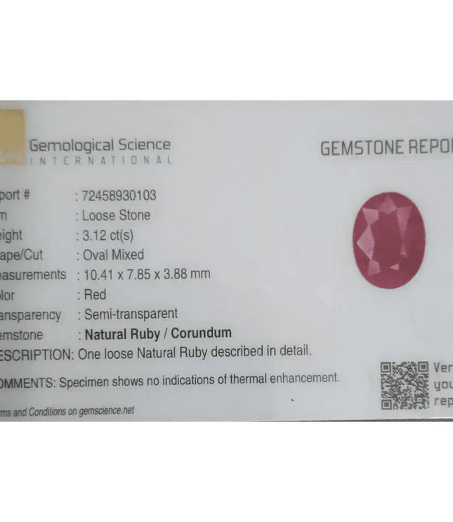 3.12ct Mozambique Ruby Natural Untreated Gemstone GSI Certified - SMSGEMS 