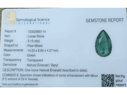 GSI Certified 3.13ct Deep Green Zambian Emerald, 100% Natural Earthmined Gem - SMSGEMS 