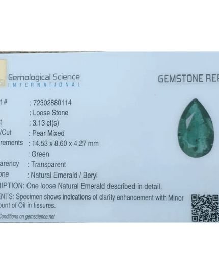 GSI Certified 3.13ct Deep Green Zambian Emerald, 100% Natural Earthmined Gem - SMSGEMS 