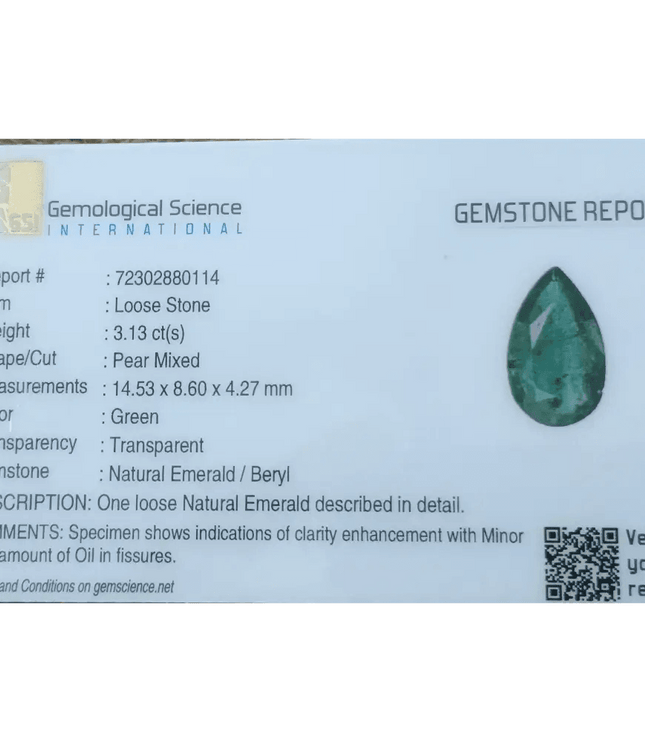 GSI Certified 3.13ct Deep Green Zambian Emerald, 100% Natural Earthmined Gem - SMSGEMS 