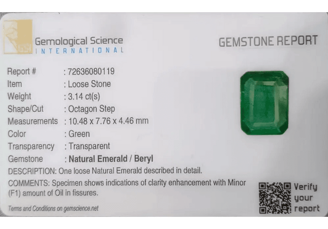 3.14ct Zambian Emerald GSI Certified - SMSGEMS 