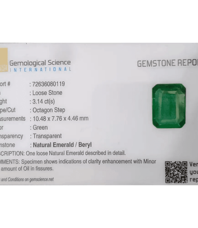 3.14ct Zambian Emerald GSI Certified - SMSGEMS 