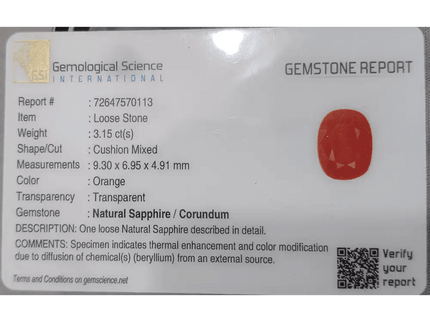 GSI Certified 3.15ct Orange Ceylon Sapphire, Natural Gemstone - SMSGEMS 