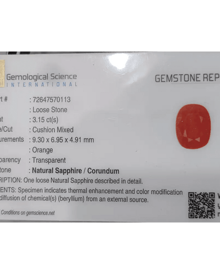 GSI Certified 3.15ct Orange Ceylon Sapphire, Natural Gemstone - SMSGEMS 