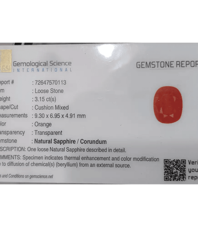 GSI Certified 3.15ct Orange Ceylon Sapphire, Natural Gemstone - SMSGEMS 