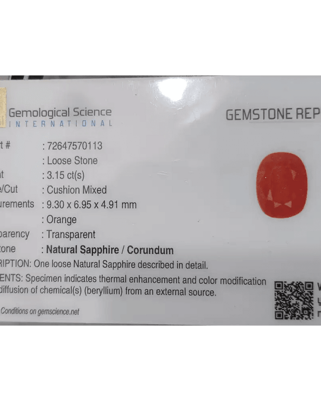 GSI Certified 3.15ct Orange Ceylon Sapphire, Natural Gemstone - SMSGEMS 
