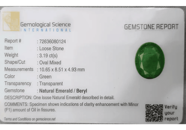 3.19ct Medium Deep Vivid Green Emerald - SMSGEMS 