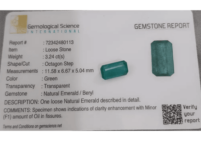 GSI Certified 3.24ct Zambian Emerald , 100% Natural Earth Mined Gemstone. - SMSGEMS 