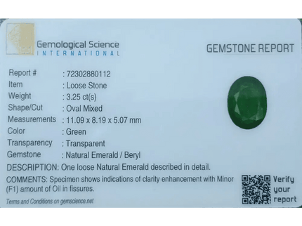 GSI Certified 3.25ct Velvet Green Swat Emerald , 100% Natural Earth Mined Gemstone - SMSGEMS 