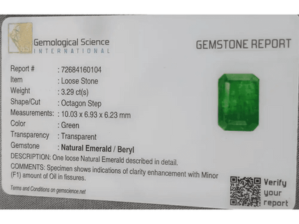 GSI Certified 3.29ct Deep Velvet Green Emerald, Natural Gemstone - SMSGEMS 