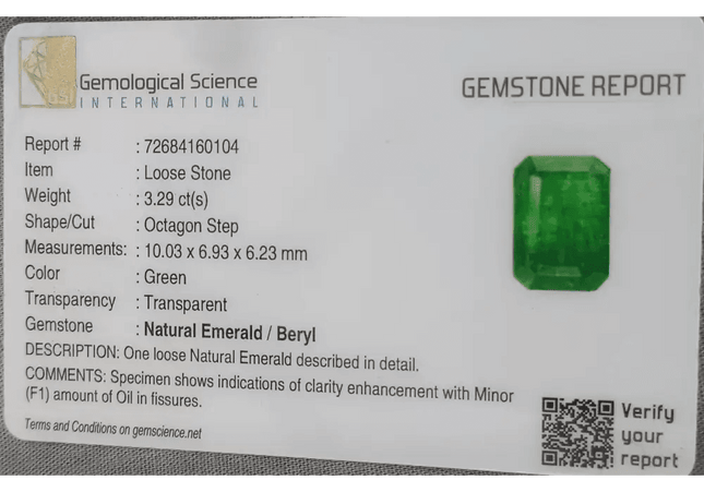 GSI Certified 3.29ct Deep Velvet Green Emerald, Natural Gemstone - SMSGEMS 