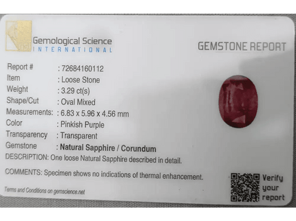 3.29ct GSI Certified Pink Purple Ceylon Sapphire - SMSGEMS 